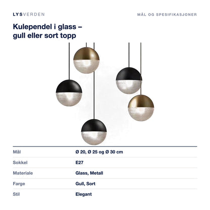 Kulependel i glass – gull eller sort topp – mål og spesifikasjoner