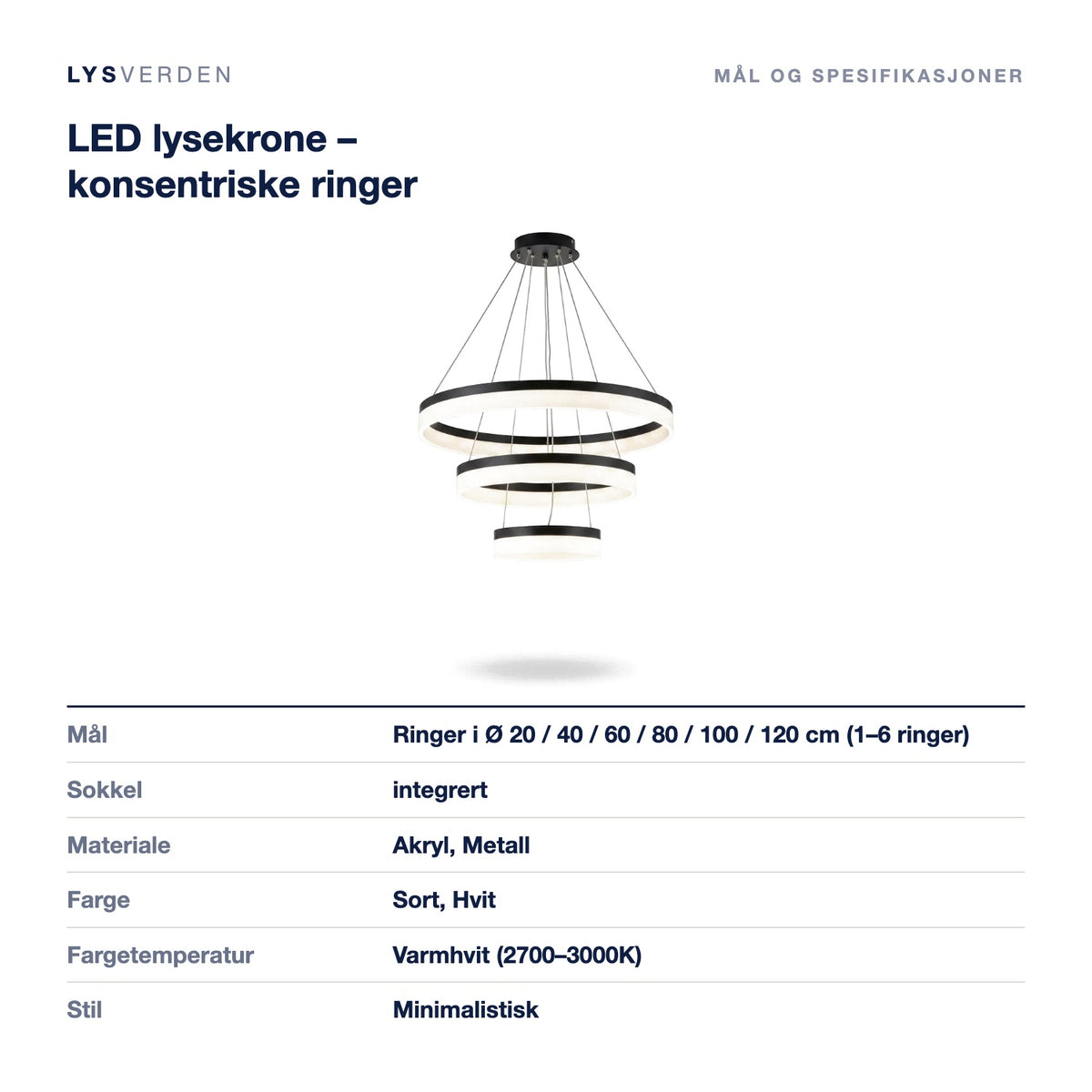 LED lysekrone – konsentriske ringer – mål og spesifikasjoner