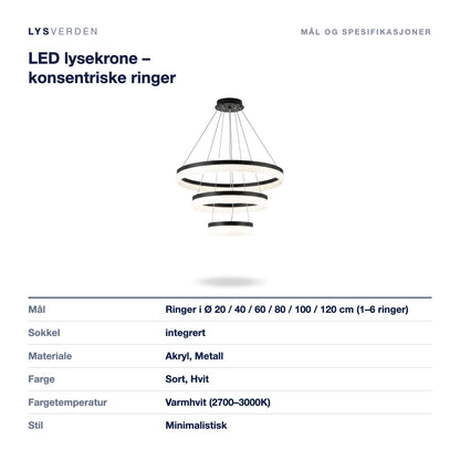 LED lysekrone – konsentriske ringer – mål og spesifikasjoner
