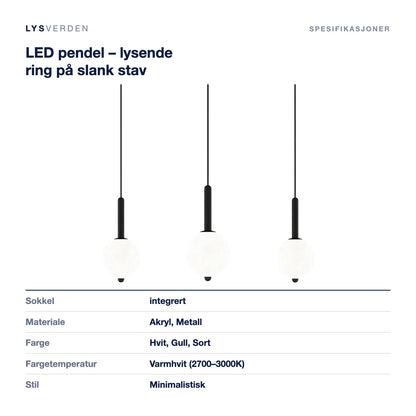 LED pendel – lysende ring på slank stav – mål og spesifikasjoner