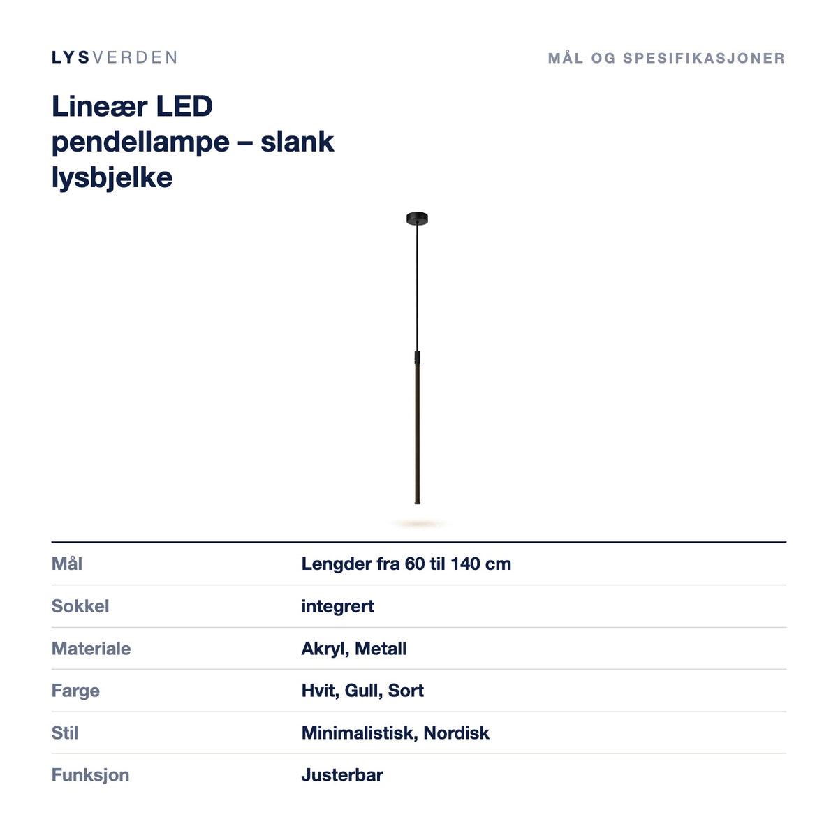 Lineær LED pendellampe – slank lysbjelke – mål og spesifikasjoner
