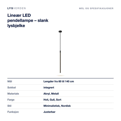 Lineær LED pendellampe – slank lysbjelke – mål og spesifikasjoner