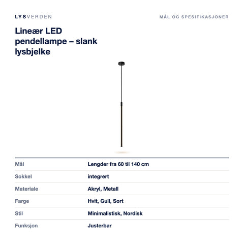 Mål og spesifikasjoner for Lineær LED pendellampe – slank lysbjelke