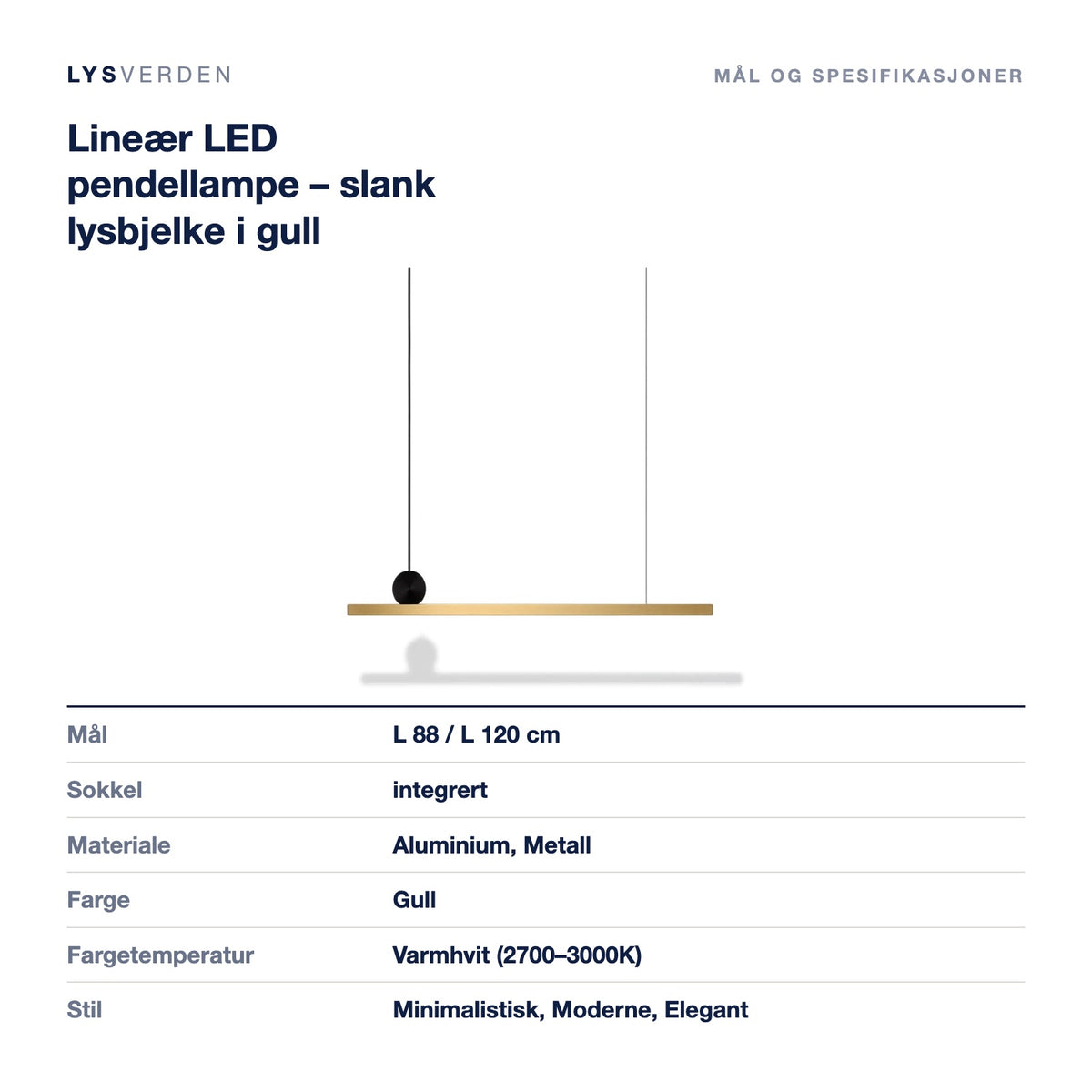 Lineær LED pendellampe – slank lysbjelke i gull – mål og spesifikasjoner