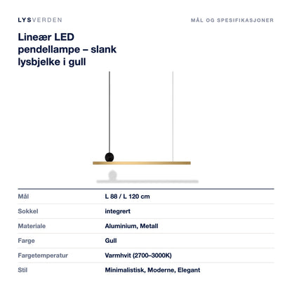 Lineær LED pendellampe – slank lysbjelke i gull – mål og spesifikasjoner
