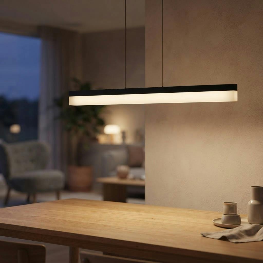 Lineær LED pendellampe – slank lysbjelke – tent i skandinavisk hjem