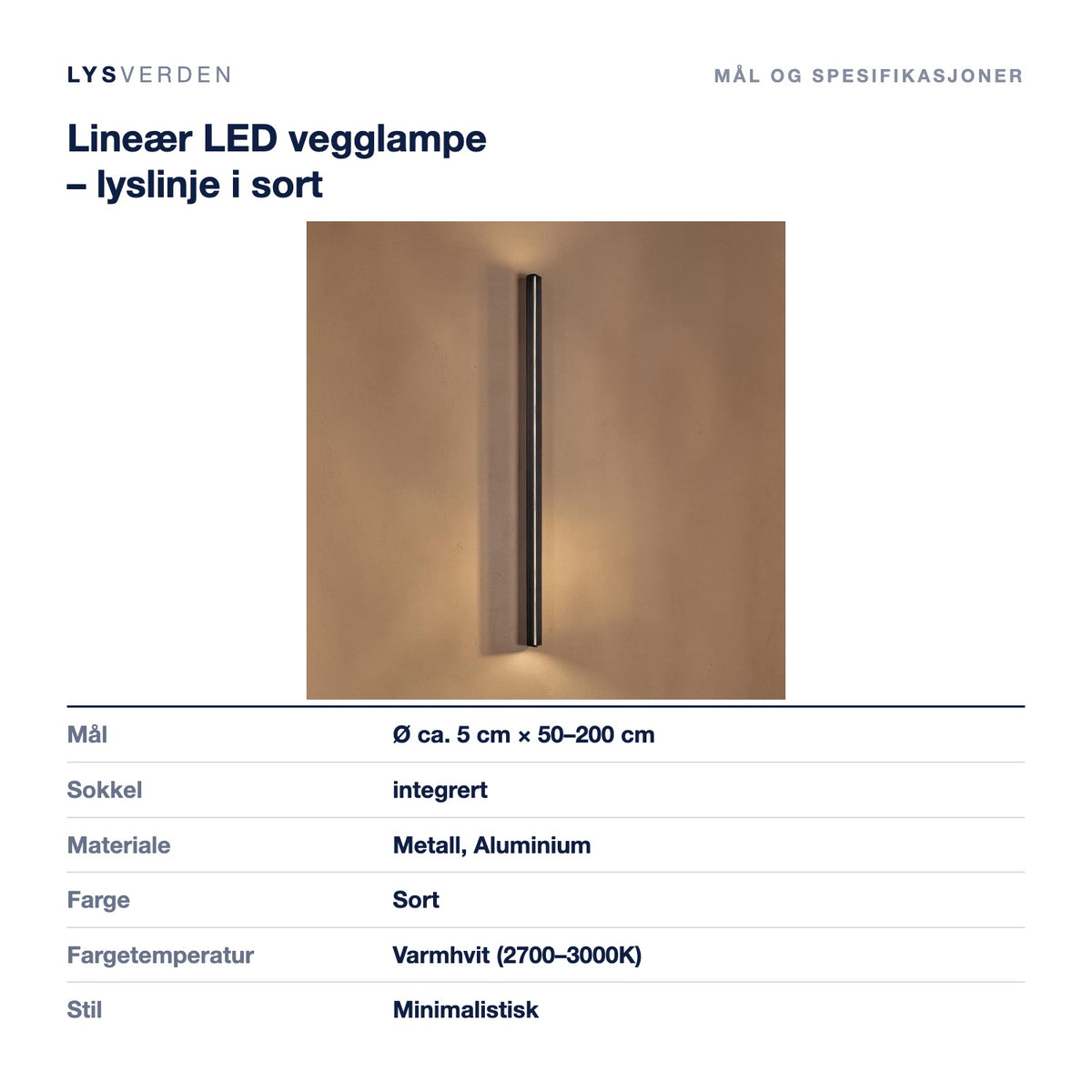 Mål og spesifikasjoner for Lineær LED vegglampe – lyslinje i sort