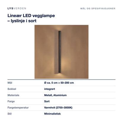 Lineær LED vegglampe – lyslinje i sort – mål og spesifikasjoner