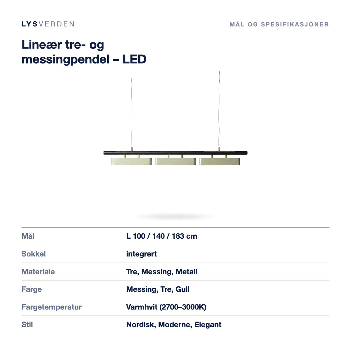 Lineær tre- og messingpendel – LED – mål og spesifikasjoner