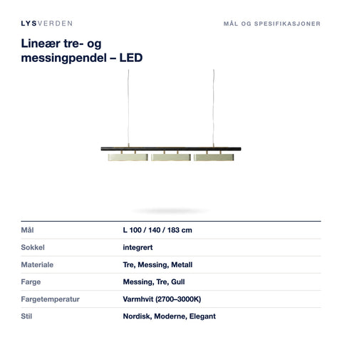 Mål og spesifikasjoner for Lineær tre- og messingpendel – LED