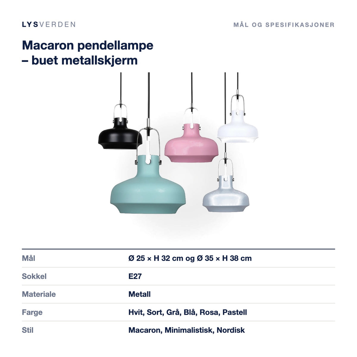 Macaron pendellampe – buet metallskjerm – mål og spesifikasjoner