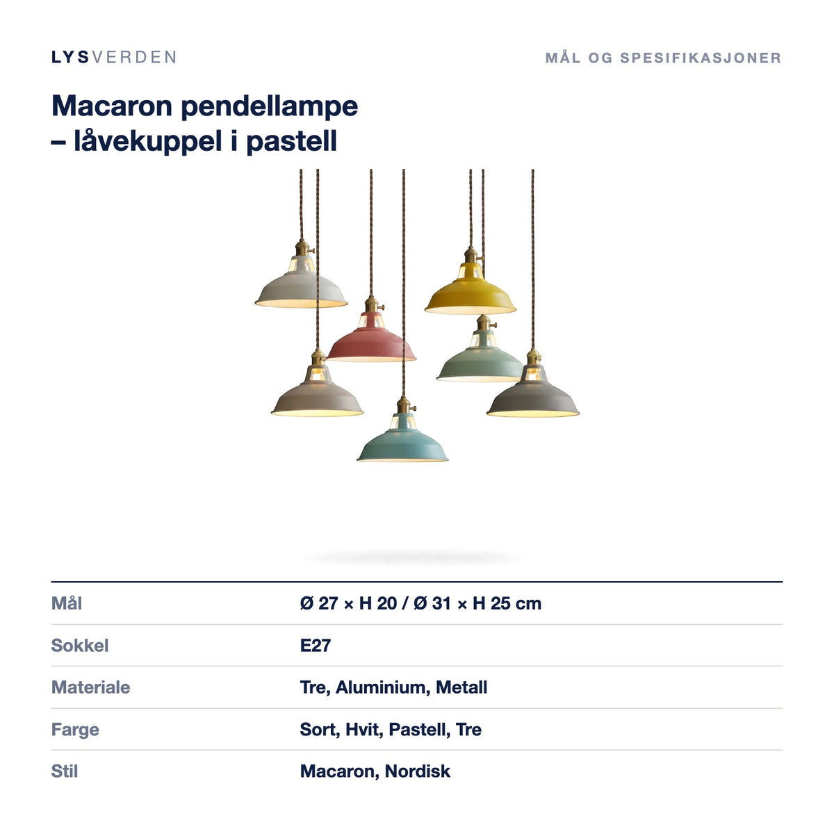Macaron pendellampe – låvekuppel i pastell – mål og spesifikasjoner
