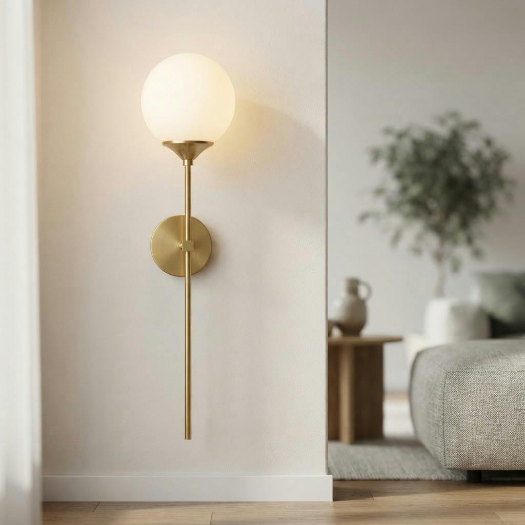 Messing vegglampe med opalkule – tent i skandinavisk hjem