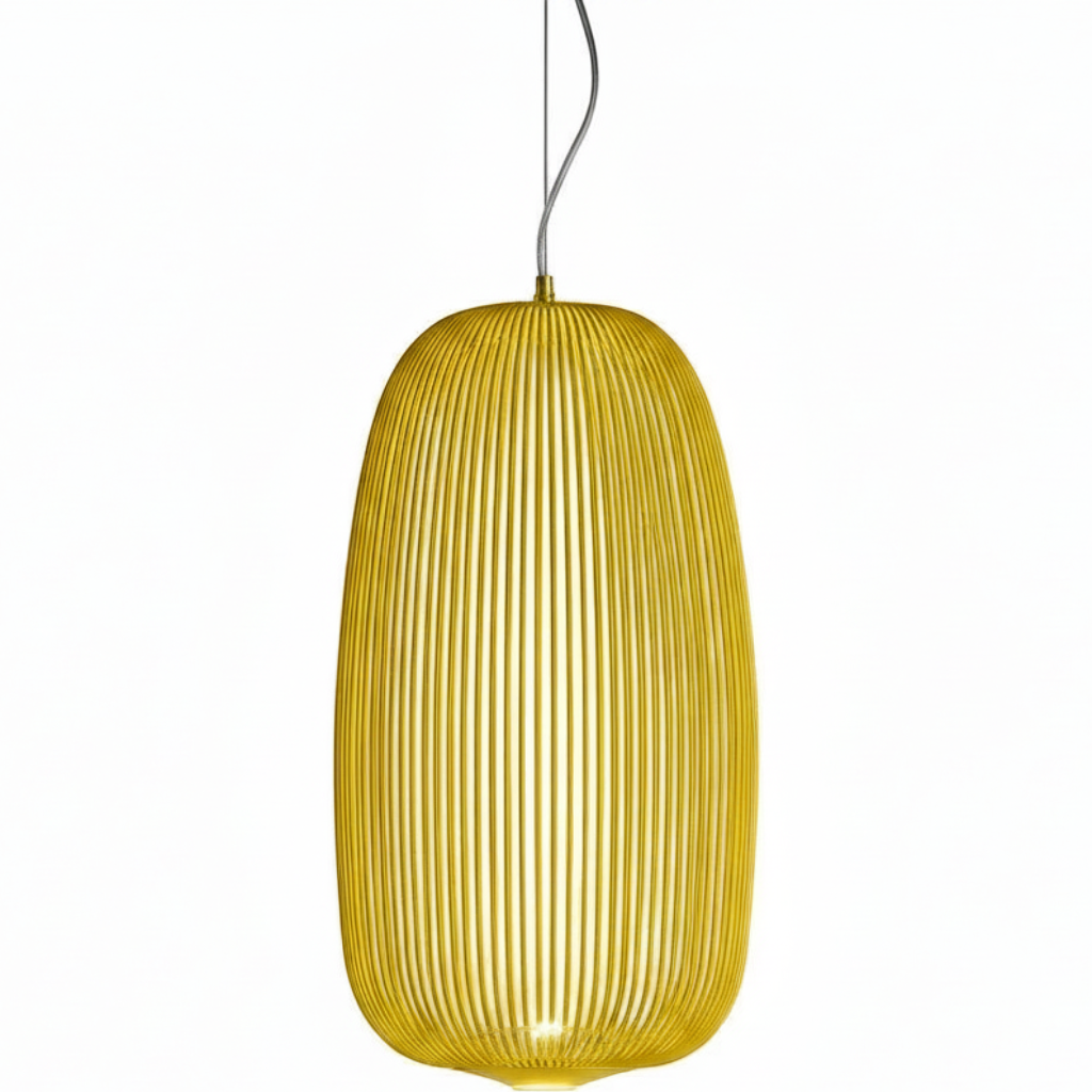 Metalltrådpendel – skulpturell burlampe – Gul