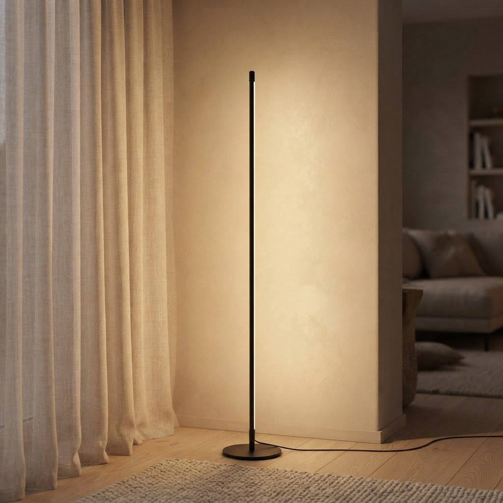 Minimal LED-gulvlampe – slank stav – tent i stuehjørnet