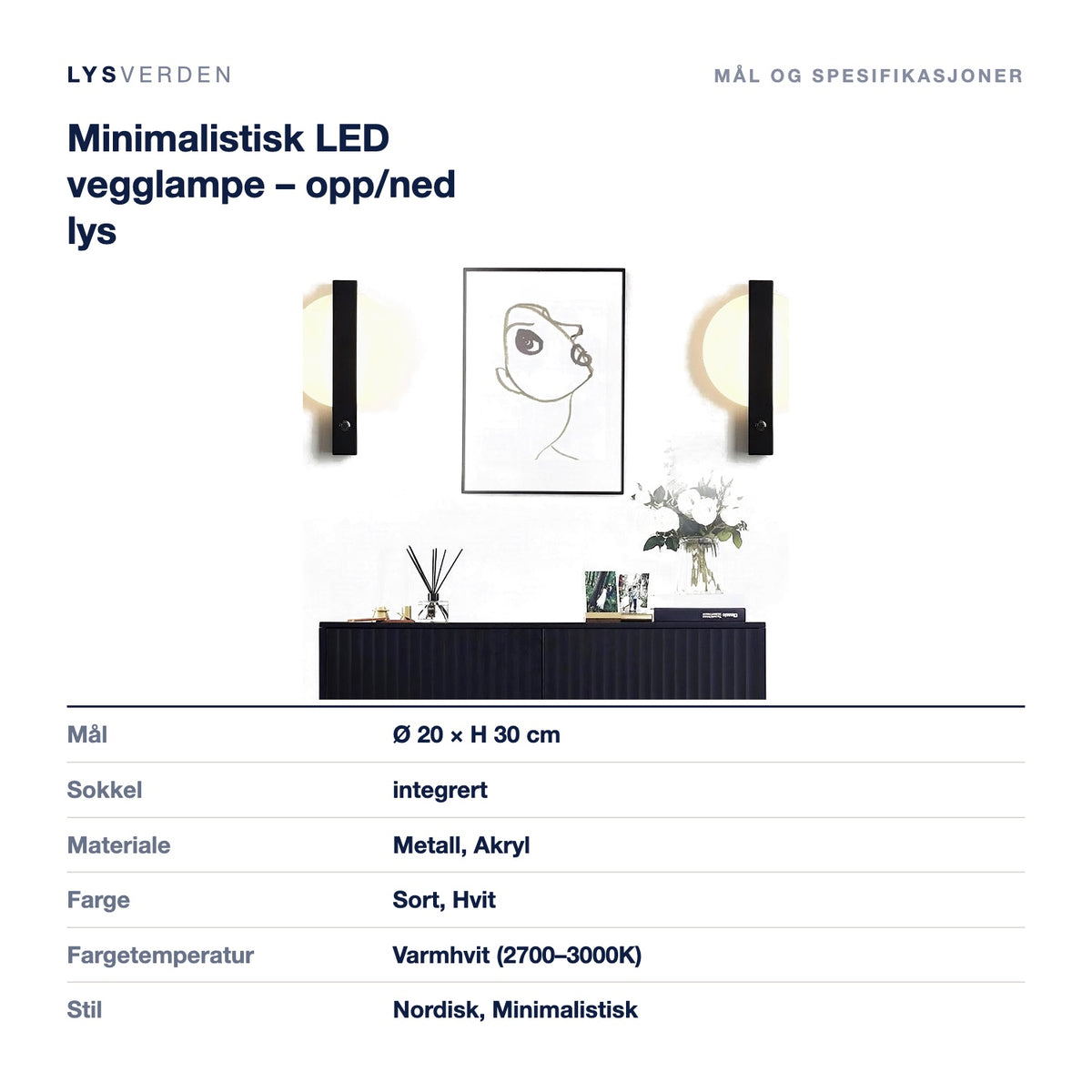 Minimalistisk LED vegglampe – opp/ned lys – mål og spesifikasjoner