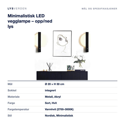 Minimalistisk LED vegglampe – opp/ned lys – mål og spesifikasjoner