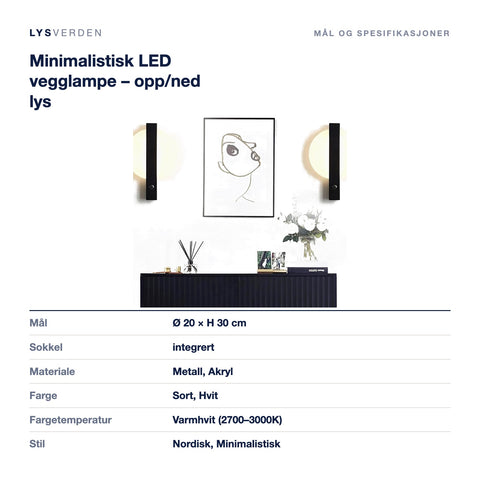 Mål og spesifikasjoner for Minimalistisk LED vegglampe – opp/ned lys