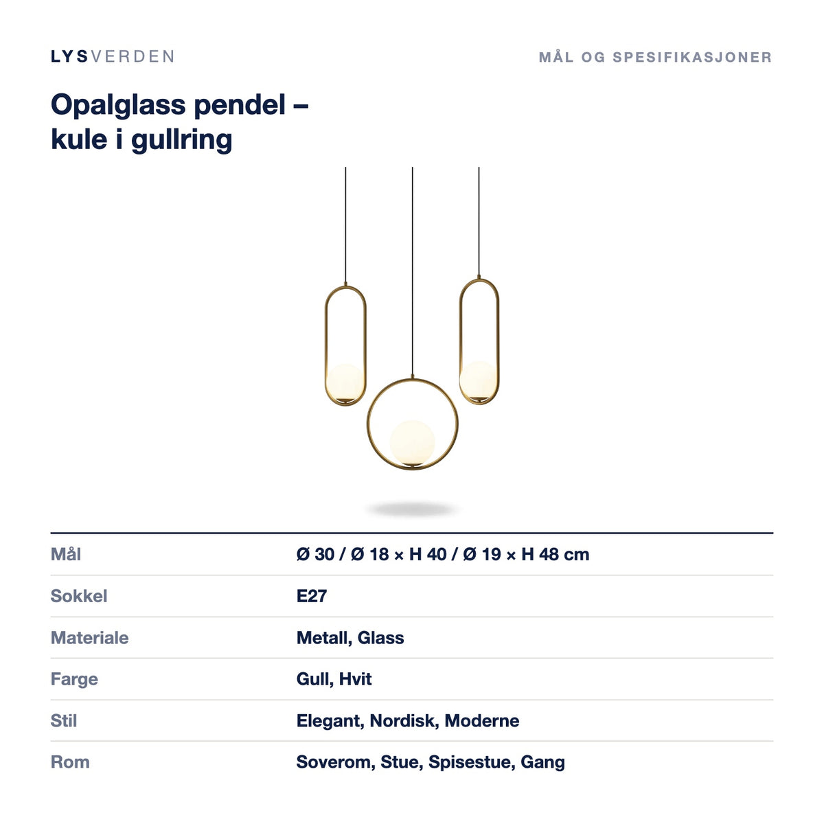 Opalglass pendel – kule i gullring – mål og spesifikasjoner