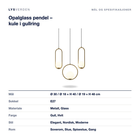 Mål og spesifikasjoner for Opalglass pendel – kule i gullring