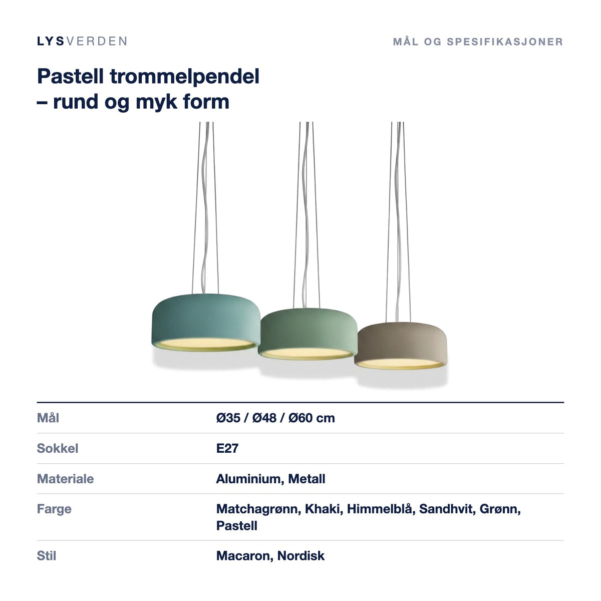 Pastell trommelpendel – rund og myk form – mål og spesifikasjoner
