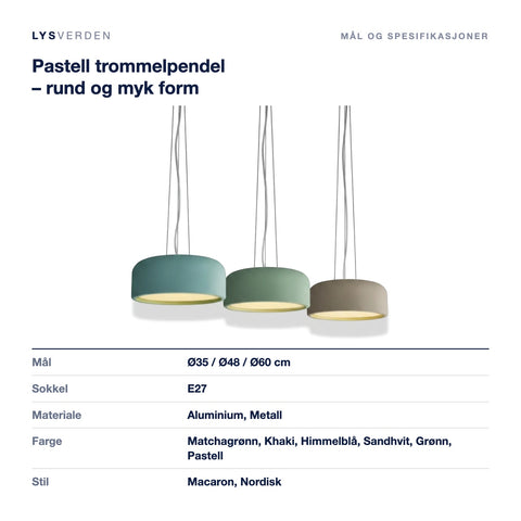 Mål og spesifikasjoner for Pastell trommelpendel – rund og myk form