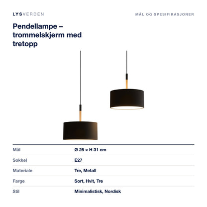 Pendellampe – trommelskjerm med tretopp – mål og spesifikasjoner