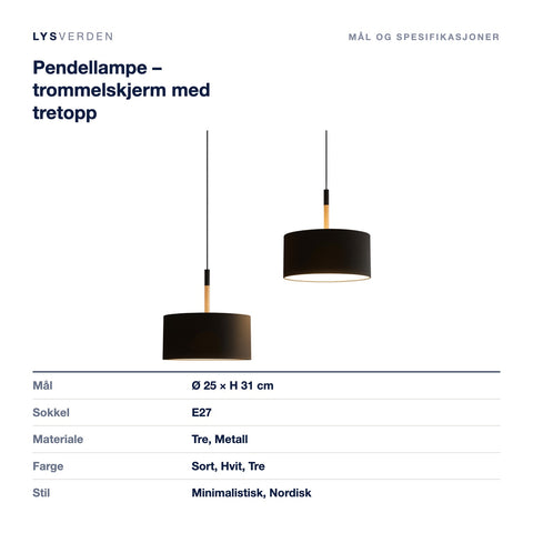 Mål og spesifikasjoner for Pendellampe – trommelskjerm med tretopp