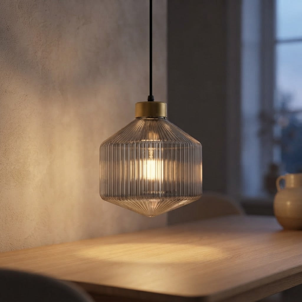 Riflet glass pendellampe – røykgrå trommel – tent i skandinavisk hjem