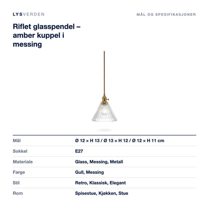 Riflet glasspendel – amber kuppel i messing – mål og spesifikasjoner
