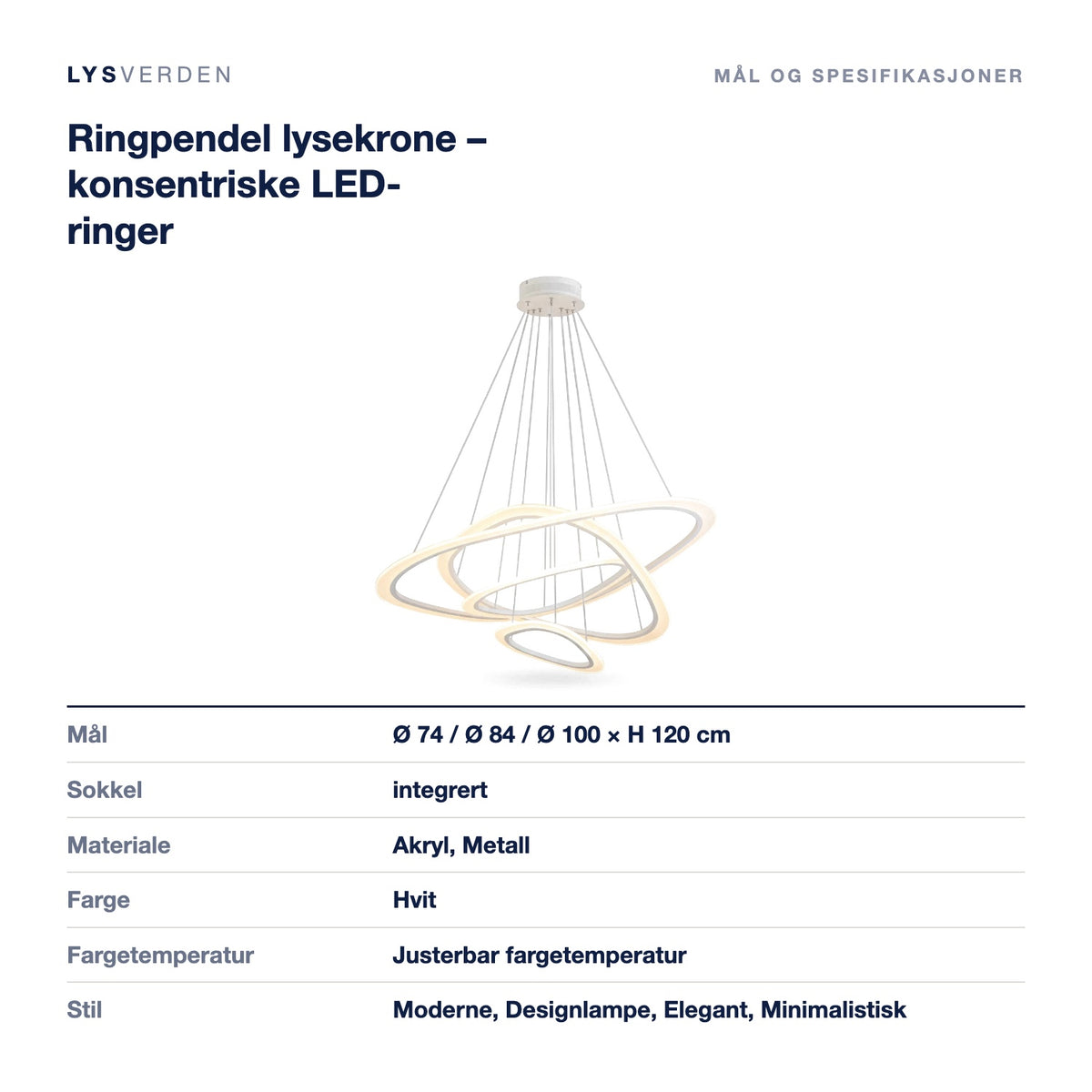 Ringpendel lysekrone – konsentriske LED-ringer – mål og spesifikasjoner