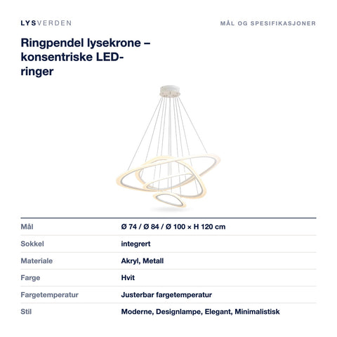 Mål og spesifikasjoner for Ringpendel lysekrone – konsentriske LED-ringer