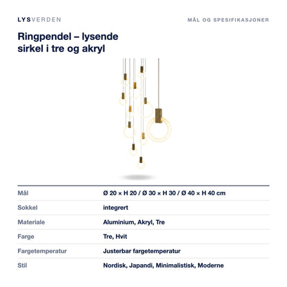 Ringpendel – lysende sirkel i tre og akryl – mål og spesifikasjoner