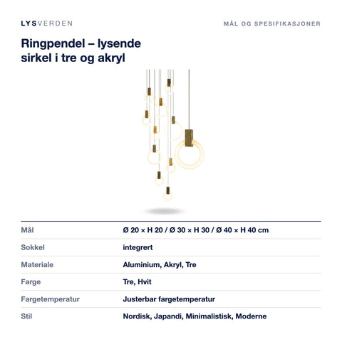 Mål og spesifikasjoner for Ringpendel – lysende sirkel i tre og akryl