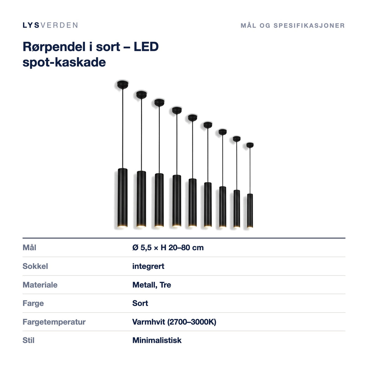 Rørpendel i sort – LED spot-kaskade – mål og spesifikasjoner