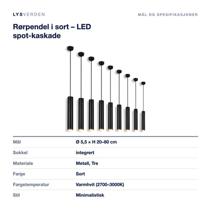 Rørpendel i sort – LED spot-kaskade – mål og spesifikasjoner