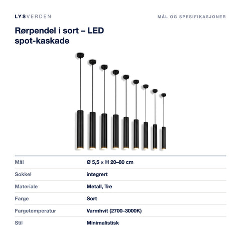 Mål og spesifikasjoner for Rørpendel i sort – LED spot-kaskade