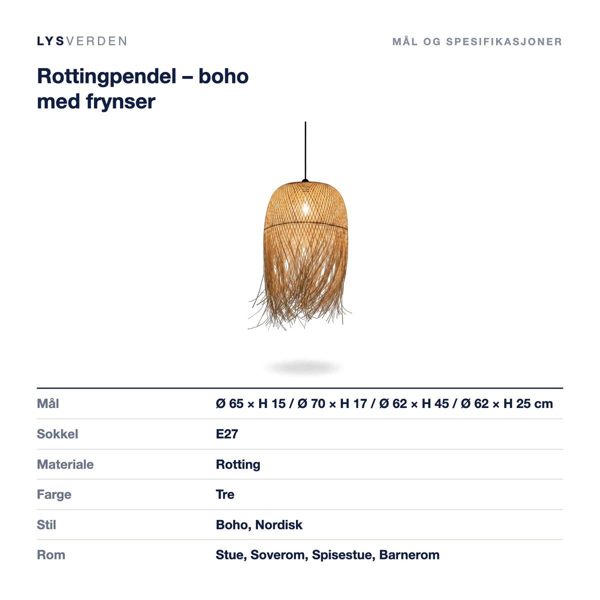 Rottingpendel – boho med frynser – mål og spesifikasjoner