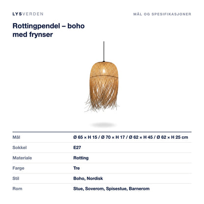 Rottingpendel – boho med frynser – mål og spesifikasjoner