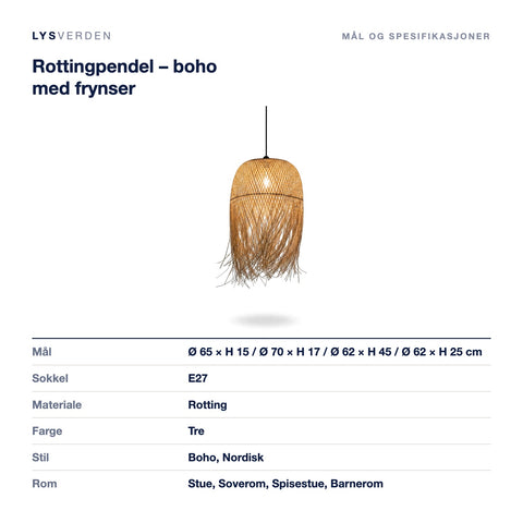 Mål og spesifikasjoner for Rottingpendel – boho med frynser