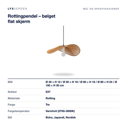 Rottingpendel – bølget flat skjerm – mål og spesifikasjoner