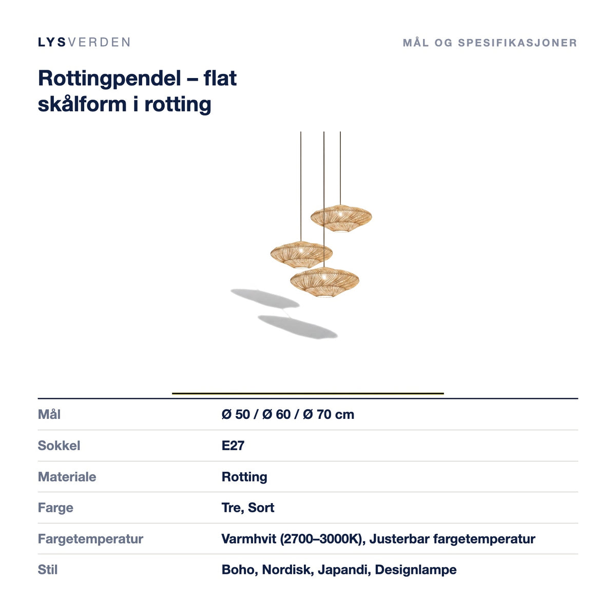 Rottingpendel – flat skålform i rotting – mål og spesifikasjoner