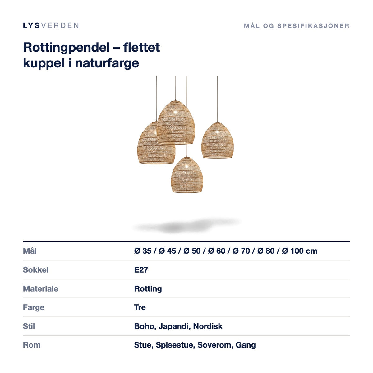 Mål og spesifikasjoner for Rottingpendel – flettet kuppel i naturfarge
