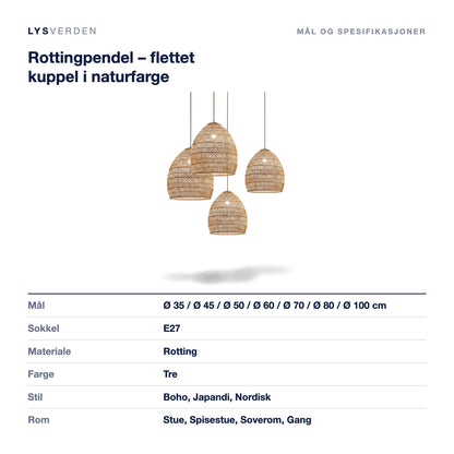 Rottingpendel – flettet kuppel i naturfarge – mål og spesifikasjoner