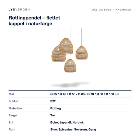 Mål og spesifikasjoner for Rottingpendel – flettet kuppel i naturfarge