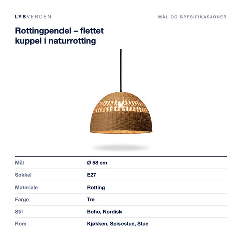 Mål og spesifikasjoner for Rottingpendel – flettet kuppel i naturrotting