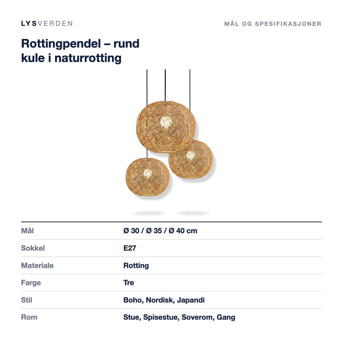 Rottingpendel – rund kule i naturrotting – mål og spesifikasjoner