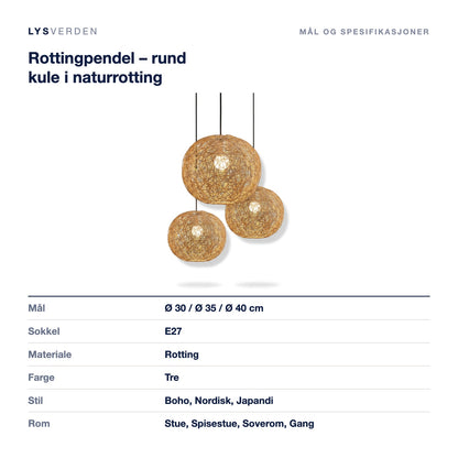 Rottingpendel – rund kule i naturrotting – mål og spesifikasjoner