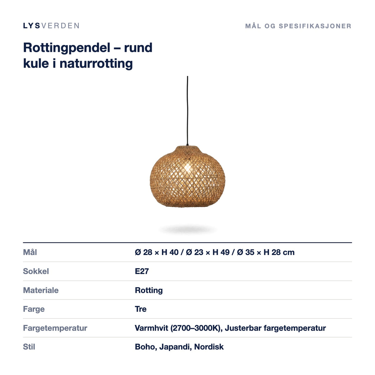 Rottingpendel – rund kule i naturrotting – mål og spesifikasjoner