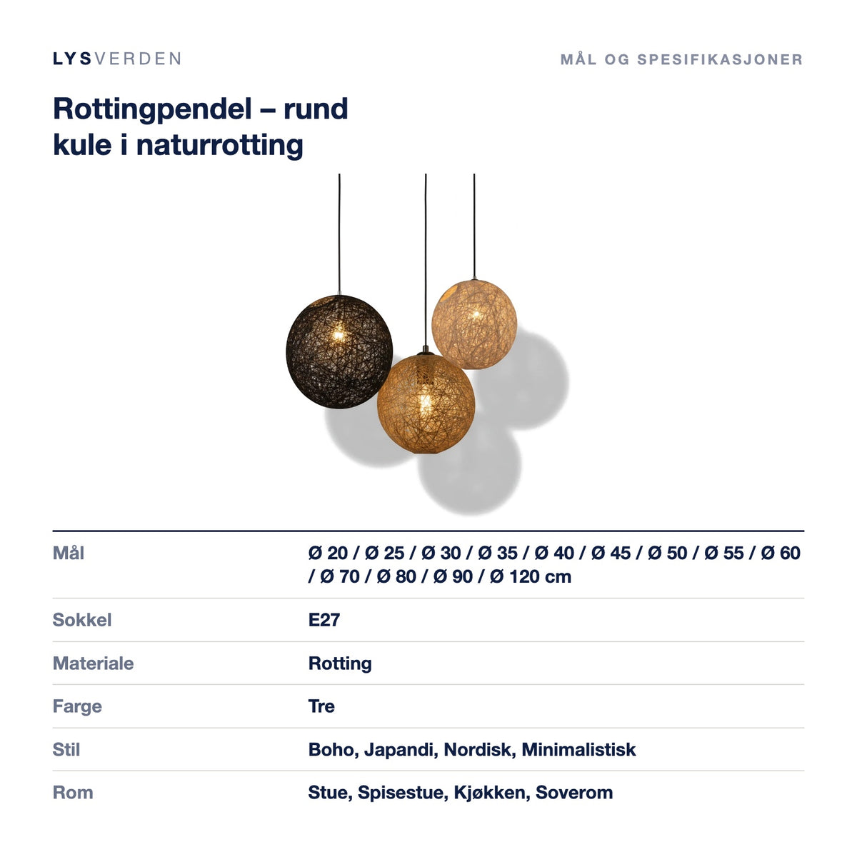 Rottingpendel – rund kule i naturrotting – mål og spesifikasjoner